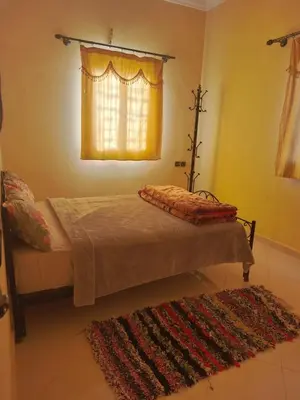 a bedroom with a bed with a rug and a window at taddart in Merzouga