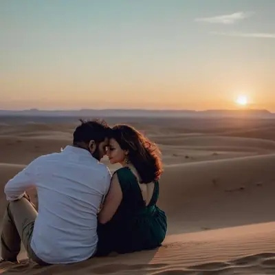 a man and a woman sitting in the desert watching the sunset at Luxury camp in Merzouga