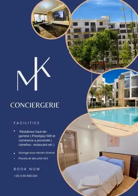 a flyer for a residence with a bed and a pool at Résidence chic et sécurisé - 2 chambres à Prestigia in Fès