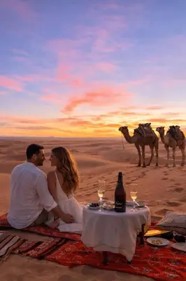 a couple sitting on a blanket in the desert with a table and camel caravan at Royal Erg Chebbi Luxury Camp in Hassilabied