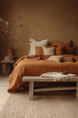 a bedroom with a large orange bed with pillows at Riad hibat fes in Fès