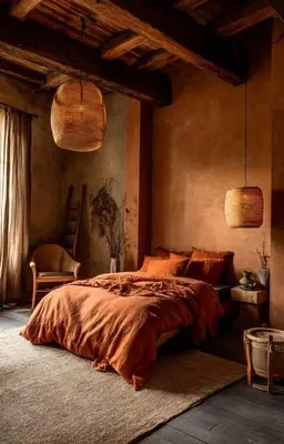 a bedroom with a large bed and two pendant lights at Riad hibat fes in Fès