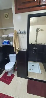 a bathroom with a toilet and a shower with a sink at Appartement tout confort sur la corniche à proximité plage in Oulad Akkou