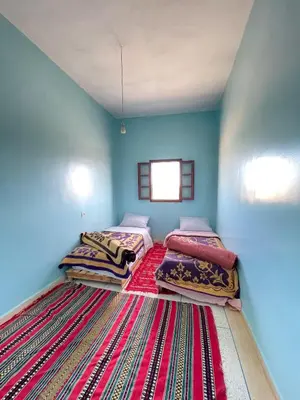 two beds in a blue room with a rug at Sahara desert Maison in Merzouga