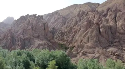 a rocky mountain with trees and bushes in the foreground at Red Rocks Guest House in Oulad Akkou