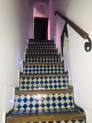 a stairway with blue and white tiled stairs at Riad dar milouda in Fès