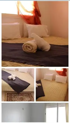 a collage of three pictures of a bed with towels at Apartment in Agadir in Oulad Akkou