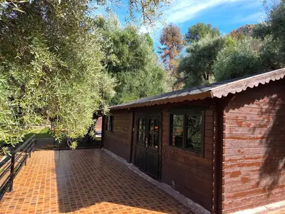 a small wooden building with a brick patio at Auberge RAMZ'S in Beni Mellal