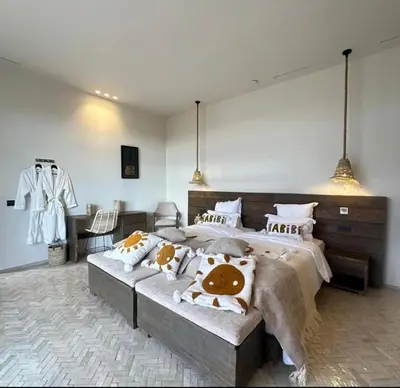 a bedroom with a large bed with pillows on it at villa Bohème Chic in Had Abdallah Rhiat