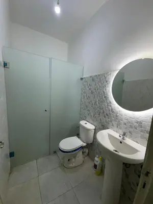 a bathroom with a toilet and a sink and a mirror at Appartement équipé