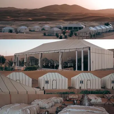 two pictures of a building in the desert at Erg Chebbi Luxury Glamping in Khamliya