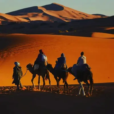 a group of people riding camels in the desert at Erg Chebbi Luxury Glamping in Khamliya