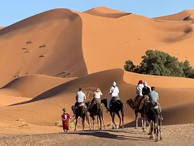 a group of people riding horses in the desert at Brilliant luxury camp in Merzouga