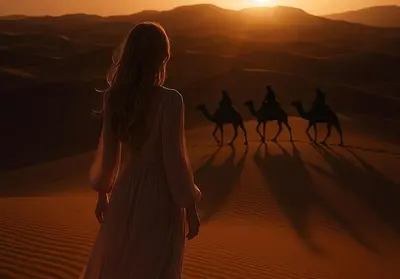 a woman standing in the desert with a group of people riding camels at Brilliant luxury camp in Merzouga