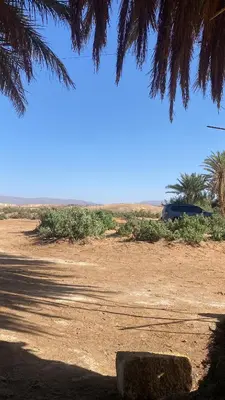 a dirt road with a car parked in the desert at Desert Family Camp in El Gouera