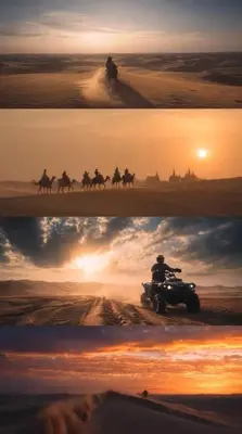 two pictures of a man riding a motorcycle in the desert at Azadic luxury tents in Merzouga