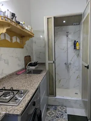 a bathroom with a shower and a sink at Apartment Amoud with a panoramic view in Fès