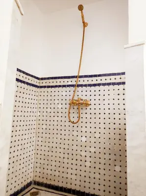 a shower in a bathroom with a tiled wall at Riad Benkirane in Fès