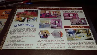a brochure for a house with pictures of rooms at Hôtel Ajil Cascades D'ouzoud in Ouzoud