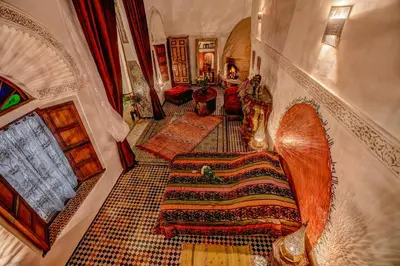 an overhead view of a living room with at Riad Almaz in Fès