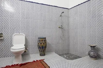 a tiled bathroom with a toilet and a shower at 2 BR Charming Apartment Fes in Fès