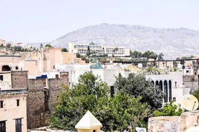 a city with buildings and a mountain in the background at Dar Nineta in Fès