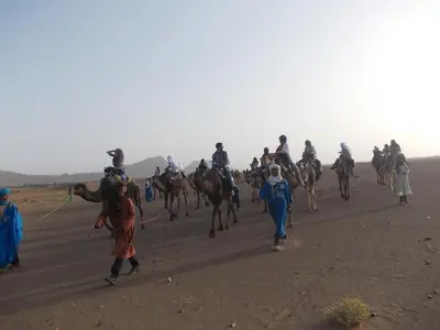 a group of people riding horses on a dirt road at Bivouac Draa in Zagora