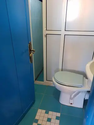 a bathroom with a toilet and a blue door at Gite Kasbah La Palmeraie in Skoura