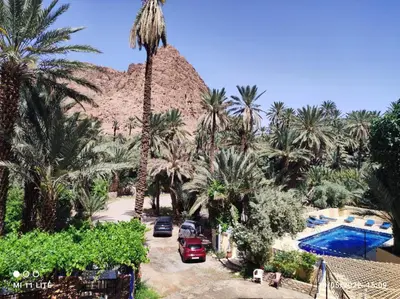 a palm tree in front of a resort with a pool at RIAD Camping ATLAS in Tinerhir