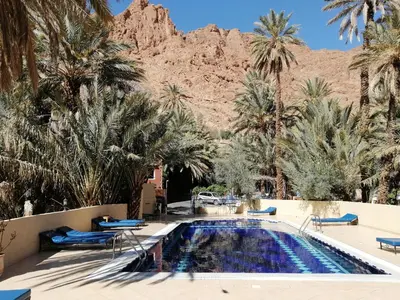a swimming pool with palm trees and a mountain at RIAD Camping ATLAS in Tinerhir
