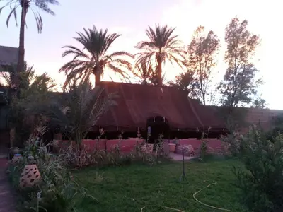 a house with a red roof with palm trees at d'hôte Jnane-Dar Diafa in Tamegroute