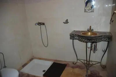 a bathroom with a sink and a shower and a toilet at d'hôte Jnane-Dar Diafa in Tamegroute