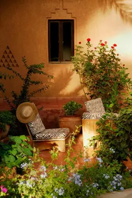 a garden with a chair and flowers in front of a building at Maison d'Hôtes Kasbah Azul in Agdz