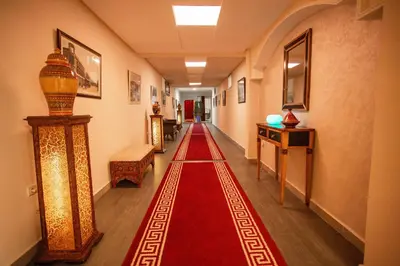 a hallway with a red rug on the floor at Aparthotel Les Oliviers Suites & Spa in Fès