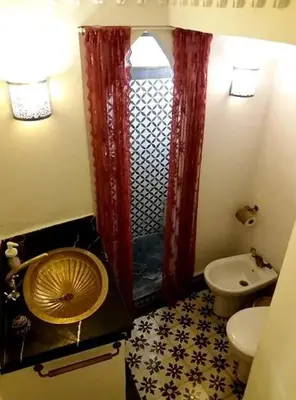 a bathroom with a shower and a toilet and a sink at Riad Dar Arsama in Fès