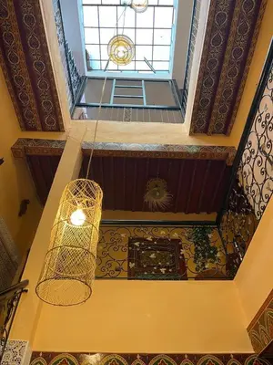 an overhead view of a ceiling with a chandelier at la Kasbah salam in Fès