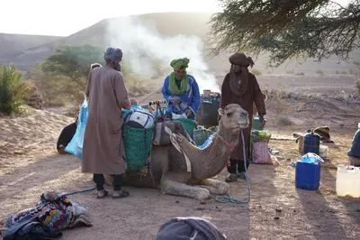a group of people standing next to a camel at Bivouac Les Nomades & Foum zguid camel trekking and tours in Foum Zguid