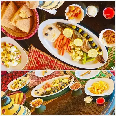 two pictures of plates of food on a table at La pommeraie d'Ifrane in Ifrane
