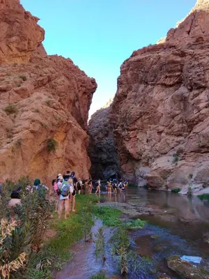 a group of people crossing a river in a canyon at Maison D'hote Chez La Famille in Tamellalt