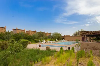 a swimming pool in a resort with white chairs at Maison D'hôte Amridil in Skoura
