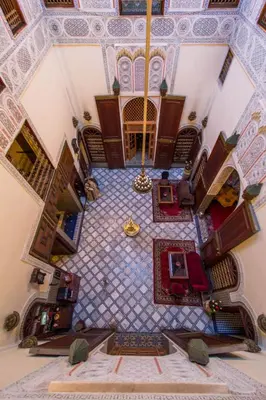 an overhead view of a living room with a ceiling at Riad Ibn Khaldoun in Fès