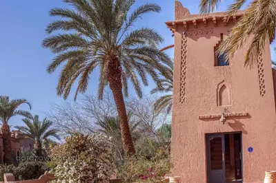 a palm tree next to a pink building with a door at Dar Azawad Boutique Hotel - Mhamid Sahara Stay in Mhamid