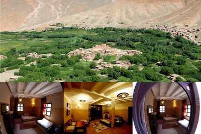 a collage of two pictures of a house with a mountain at La Kasbah du M'goun in Timit