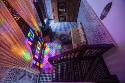 an overhead view of a room with a colorful ceiling at Riad Salam Fes & Spa in Fès