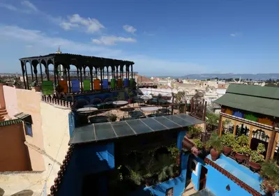 a view of a balcony of a building at Riad Hiba in Meknès