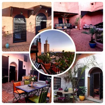 a collage of photos of a building with tables and chairs at Riad Menthe Et Citron in Meknès