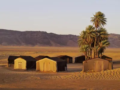 a group of tents in the desert with palm trees at Residence Rosas in Ouarzazate