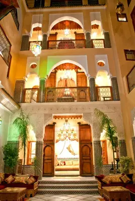 a lobby of a building with a chandelier at Riad-Boutique Borj Dhab Fez in Fès