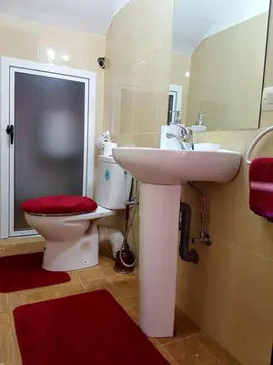 a bathroom with a sink and a toilet and a mirror at Chalet Asmoun in Imouzzer Kandar