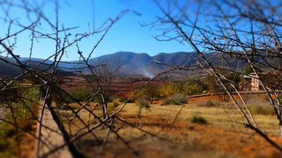 a view of a field with mountains in the background at Camping Auberge Zebra in Ouzoud